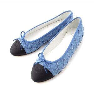 Chanel Denim Blue Black CC Logo Cap Toe Bow Tie Ballet Ballerina Flat Size 38